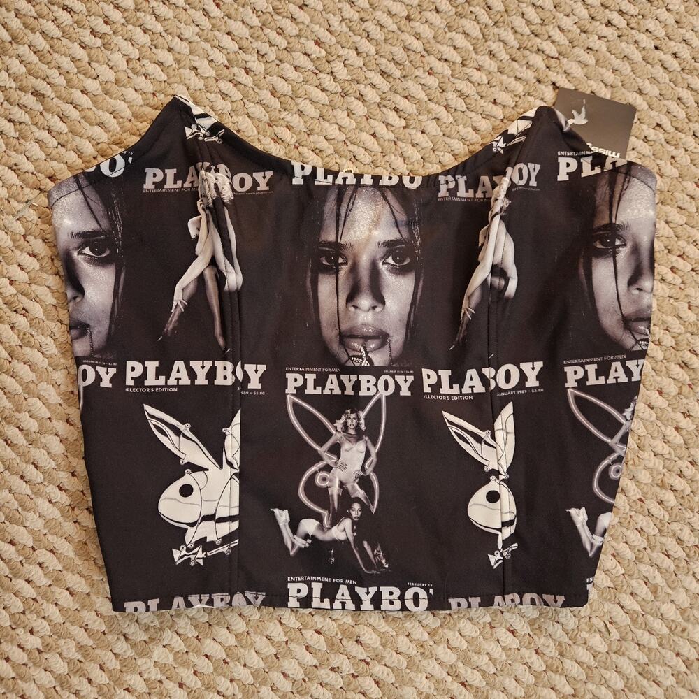 Missguided xPLAY BOY Womens Size Large Corset Gray Black Top NWT